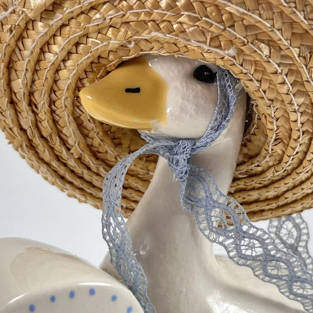 Vintage Goose Duck Figurine Welcome Blue Ribbon Hat Cottagecore Grandma Country